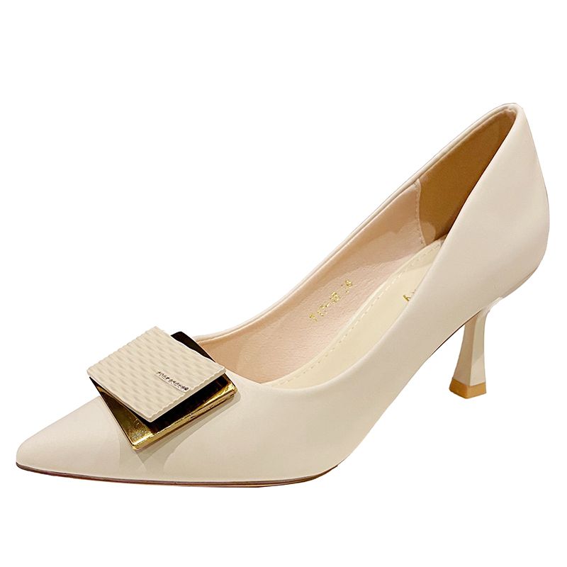 Elegant Metal Square Buckle Pointed-toe 7CM Low Heel Casual Slip-on Leather Upper Office Casual High Heel Shoes_vogvips.com