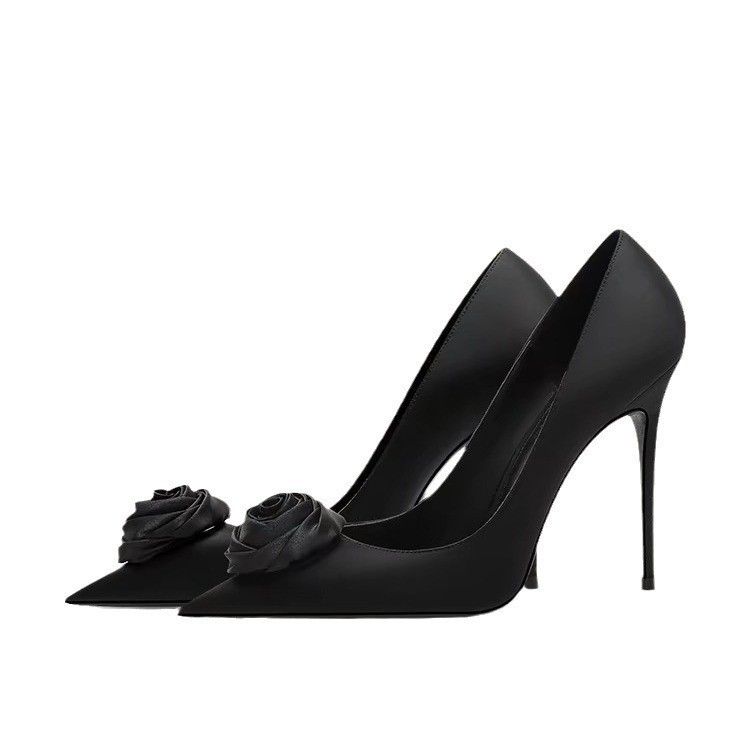Women's Elegant Champagne Satin Wedding Shoes With Rose Detail Pointed Toe High Heels For Bridal Party Formal Occasions_vogvips.com