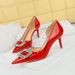 638-AK32 European And American Style Banquet High-heeled Shoes, Shiny Patent Leather, Shallow Pointed Toe, Side Cutout_vogvips.com