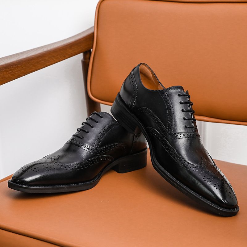Summer Blok Business Dress Leather Men's Pointed Korean Edition British Casual Black Wedding Shoes_vogvips.com