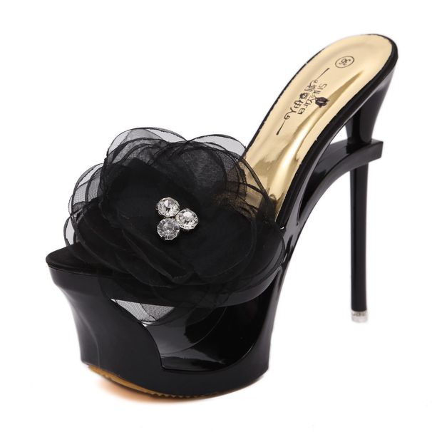 New European Style Sexy Women's Sandals, Blue Satin With Rhinestone Embellishments, Chiffon Floral Decor, Waterproof_vogvips.com
