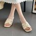 Cameido Ladies' Elegant Casual Beige Woven Square-Headed Flip-Flops_vogvips.com