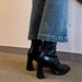 Cowhide Slimming New French Style Slim High Chunky Heel Short Genuine Leather Back Zipper Elastic Boots For Women_vogvips.com