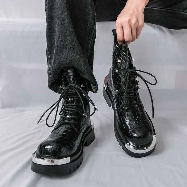 boots Fashion New Punk Style Niche Big Head Black Men's Boots Thick Sole Lace-up Casual Business Top Motorcycle Boots Commuting Work Boots_vogvips.com
