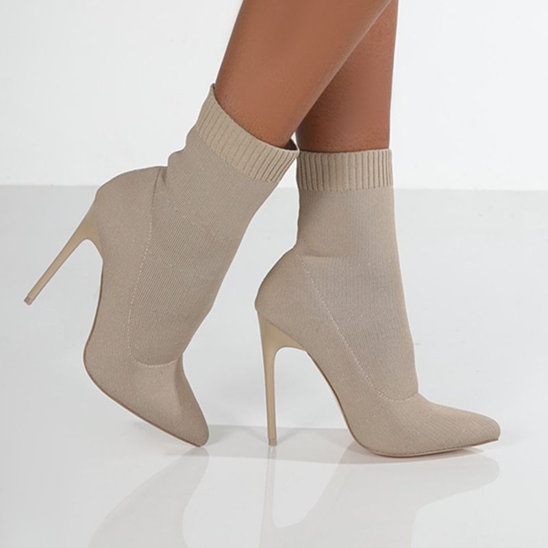 Women's Shoes Stretch Knit Pointed Toe Boots Mid-Calf High Heel Ankle Boots With Rubber Sole For Fall And Winter_vogvips.com
