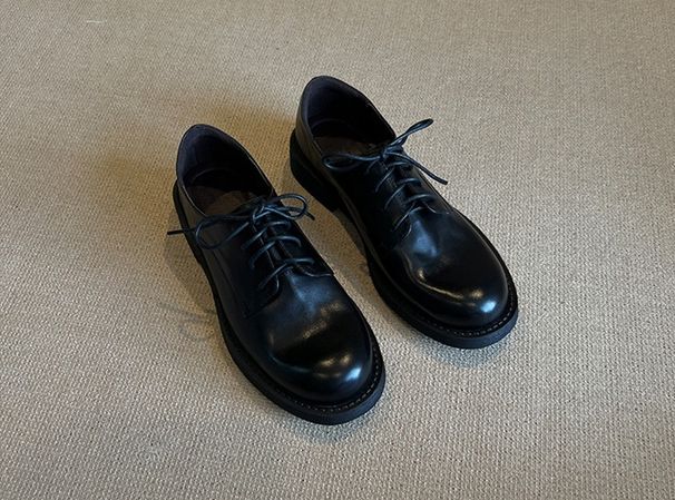 Women's Round Toe Chunky Heel Lace-up Loafers, Vintage Retro Leather Oxford Shoes, Comfortable & High-Quality Casual Flats_vogvips.com