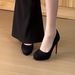 New Black Suede Platform Round-toe Low-heeled High-heeled Shoes For Women. Unique And Exquisite For Casual Office Wear, Highly Versatile_vogvips.com