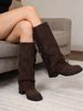 Women's Suede Fold Over Knee High Boots Slouch Boots Chunky Platform Round Toe Heel Wide Calf Long Boots Punk Fashion Riding Goth Winter Fall Boots_vogvips.com