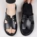 SHLIANG Fashion New Men Leather Waterproof One Word Slippers Soft Sole Non Slip Lightweight Summer Outdoor Slippers Sandals V0045_vogvips.com