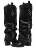 Women's Fold Over Knee High Boots With Heart Buckles Pointed Toe Chunky Heel Black Glossy Faux Leather Punk Fashion Riding Goth Spring Fall Boots_vogvips.com