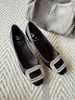 2026 New Luxury Black Satin Rhinestone Square Buckle Block Heel Pumps, Women Square Toe Slip On Elegant Dress Heels For Office Party Wedding_vogvips.com