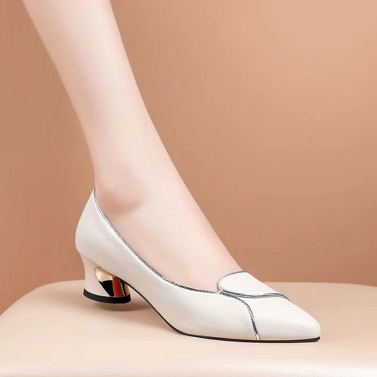 Shallow Single Shoes Women's Fashion Low-heeled Work Shoes Thick-heeled Pointed Thick-heeled Leather Shoes Women_vogvips.com