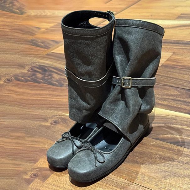 2024 Autumn Square Toe Bowknot Ballet Hollow Mid-Calf Thick Sole Western Short Cool Boots For Women_vogvips.com