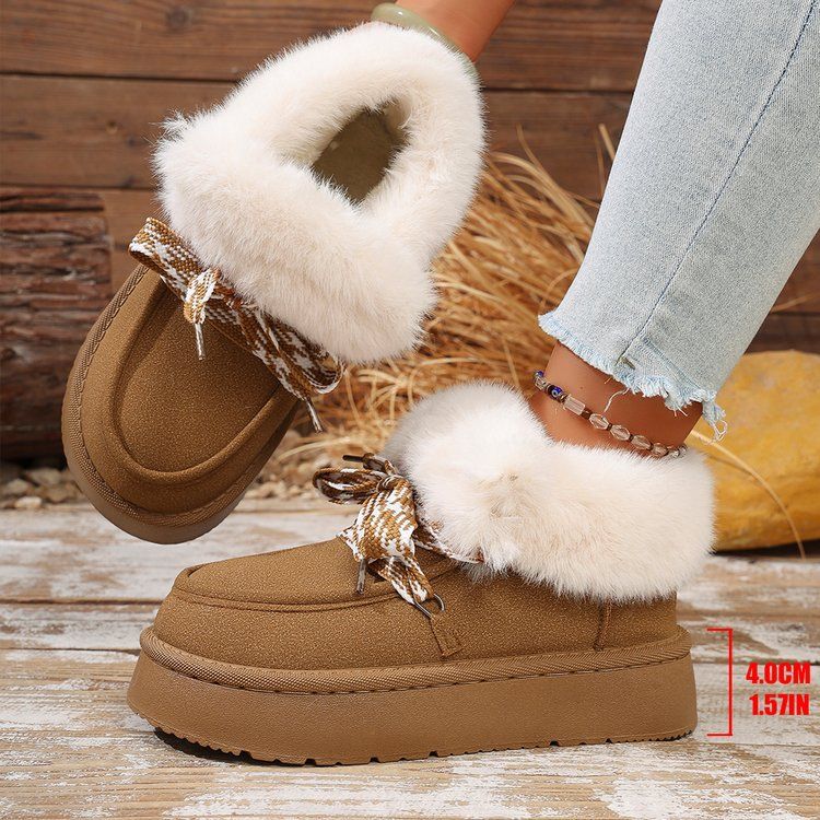 Women's Shoes Plus Size Snow Boots, Platform, Thick Sole, Bow, Suede, Winter Round Toe, Slip On, Warm Cotton Boots_vogvips.com