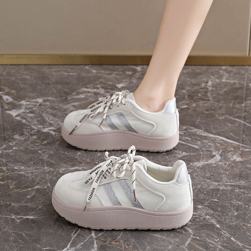 Women's Lightweight Leather Training Shoes With Mesh Lining, Round Toe, Low Heel, Solid Color, Spring Summer Breathable Casual Footwear_vogvips.com