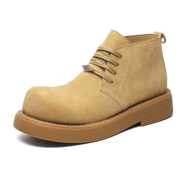 Derby Shoes Men's Platform Big Head Leather Shoes Medium Top Round Head Heightening Big Yellow Boots Leisure College Wind Green Tide Shoes_vogvips.com