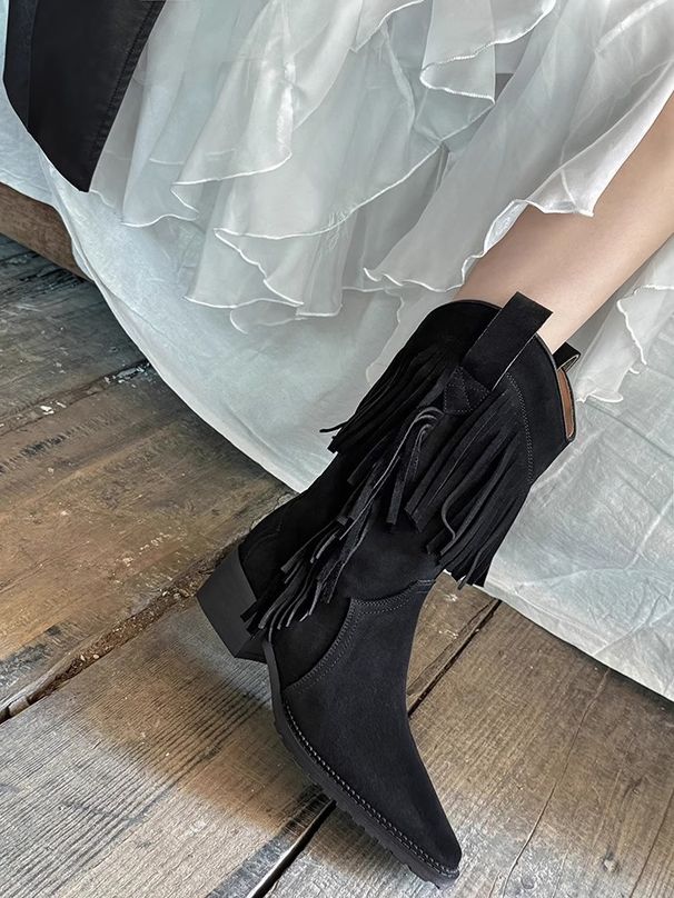 Fringed Western Knight Autumn Winter New Round Toe Mid Calf Chunky Heel Martin Women's Single Boots_vogvips.com