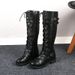 In Stock Round Toe Rivet Belt Buckle Square Heel PU Women's High-tube Autumn And_vogvips.com