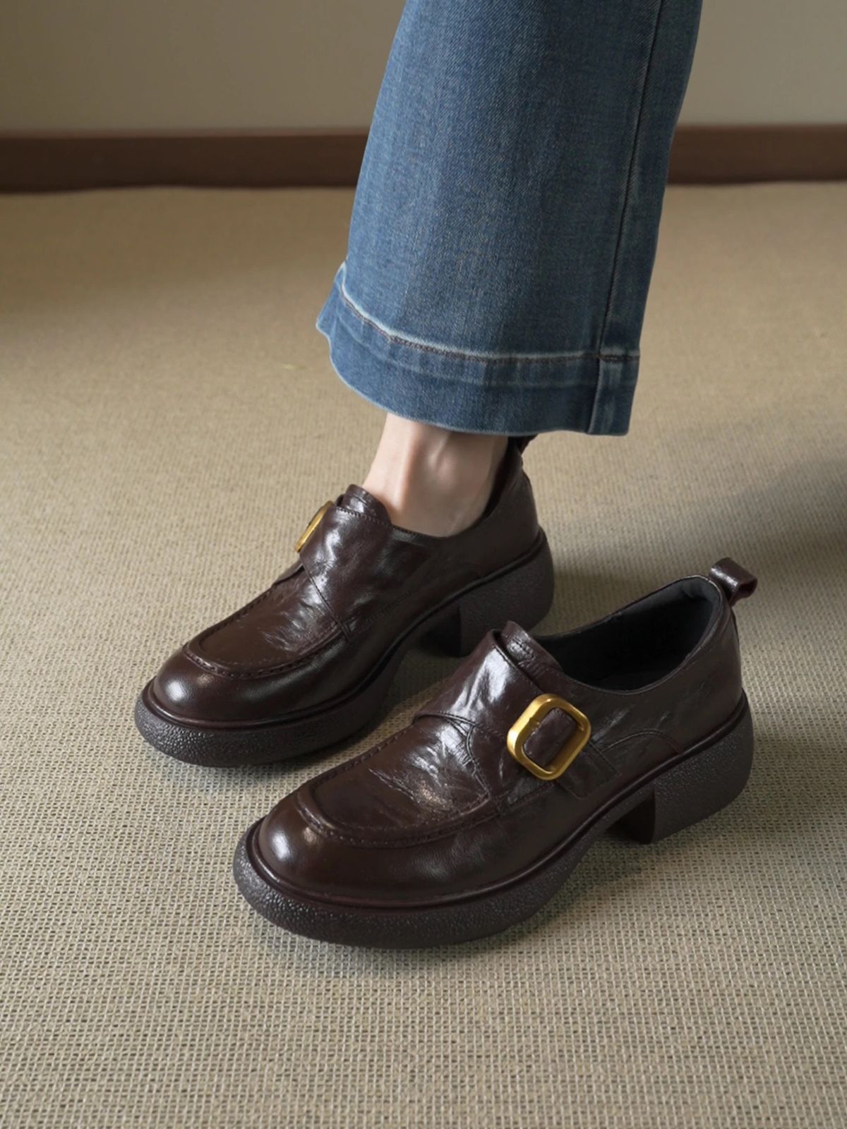 Leather Loafers Women's Velvet Thick Heel Platform Small Leather Shoes Single Shoes_vogvips.com