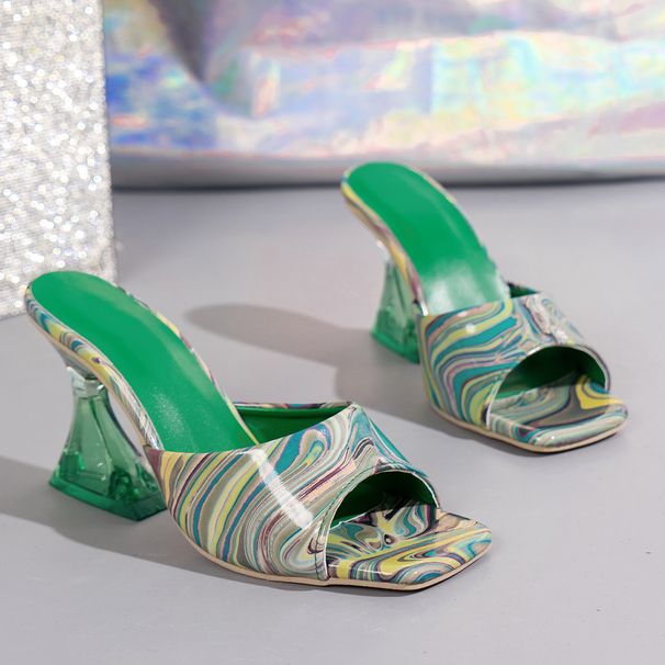 Summer New Export Large Size Women's High European And American Style Unique Pattern Crystal Heel Square Toe Heels_vogvips.com