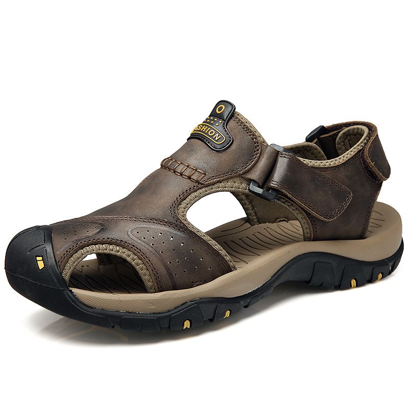 1668 Men's Sandals, Outdoor Beach Summer Foreskin Cover, Calf Leather Upper, Large Hole Shoes, Two Pairs Of Velcro_vogvips.com