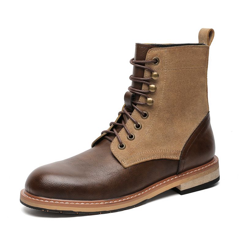 European Retro Thick-soled Heightening Martin Boots Lace-up Splicing Tooling Boots Men's Boots_vogvips.com