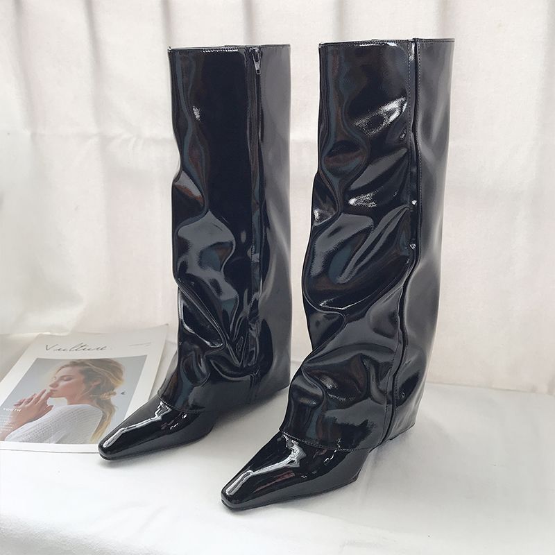 Pointed-Toe High-Cuff Over-The-Knee Boots Matte Black Chunky Heel Stretch Fit Long Boots Fashion Knee-High Boots Patent Leather Pointed Toe Black_vogvips.com