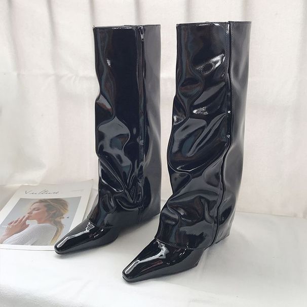 Pointed-Toe High-Cuff Over-The-Knee Boots Matte Black Chunky Heel Stretch Fit Long Boots Fashion Knee-High Boots Patent Leather Pointed Toe Black_vogvips.com