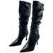 Women's Stiletto Knee-High Stacked Boots Pointed Toe PU Leather 7cm Heel Black White High-Top Solid Plain Cowboy Boots_vogvips.com