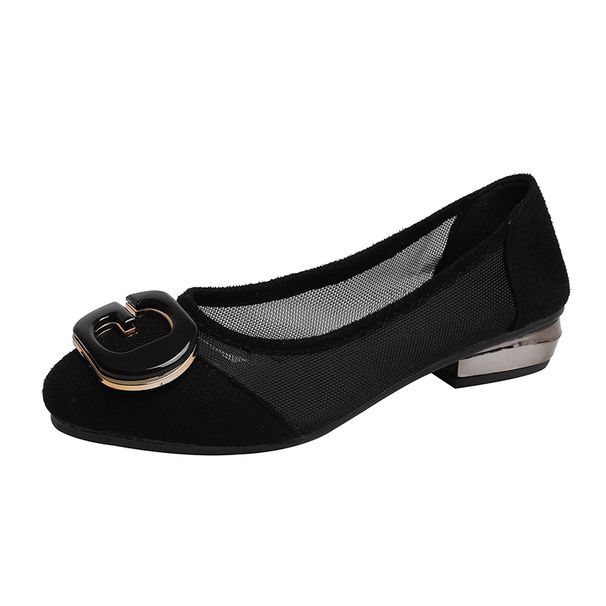 Summer Breathable Mesh Square-button Casual Shoes With 3cm Low Heel And Soft Sole, Versatile And Suitable For All Occasions, Black Plain Toe Shoes._vogvips.com
