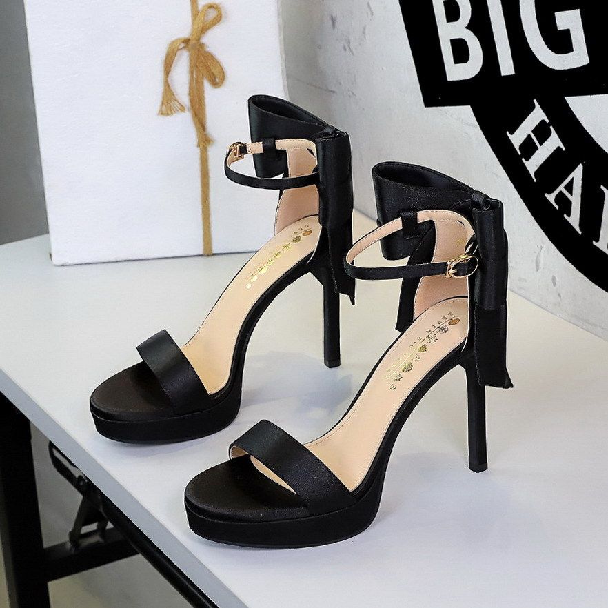 French Style High-heeled Open-toe Waterproof Platform Single-strap Rear Bow Satin Over-the-knee Slip-on Women's Shoes_vogvips.com