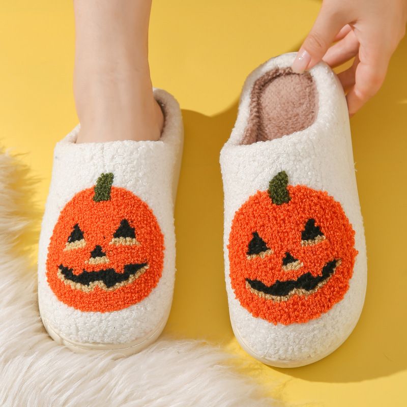 Winter Skull Print Halloween Plush Lined Warm Toe-Covering Unisex Shoes Fleece-Lined Home Indoor Cotton Slippers_vogvips.com