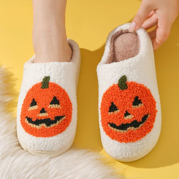 Winter Skull Print Halloween Plush Lined Warm Toe-Covering Unisex Shoes Fleece-Lined Home Indoor Cotton Slippers_vogvips.com