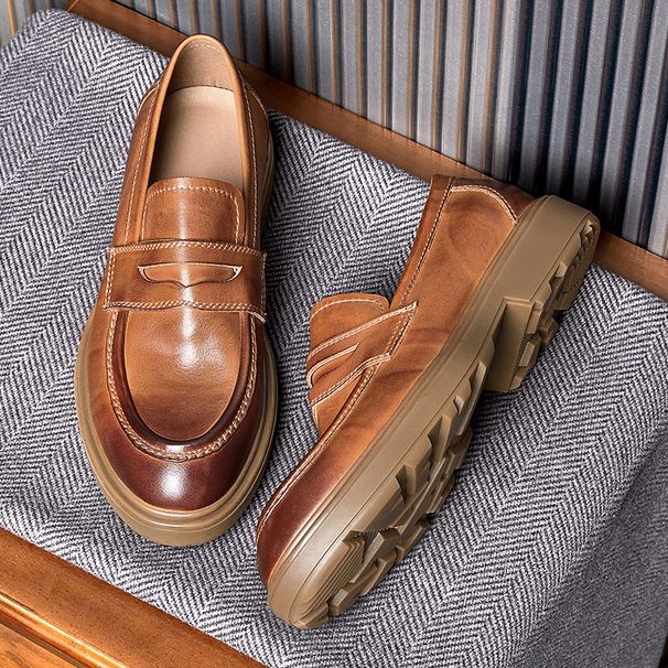 Euro Step Thick-Soled Black Shoes For Men, Genuine Leather New Single Shoes, British Style Versatile Loafers, High-End Polished_vogvips.com