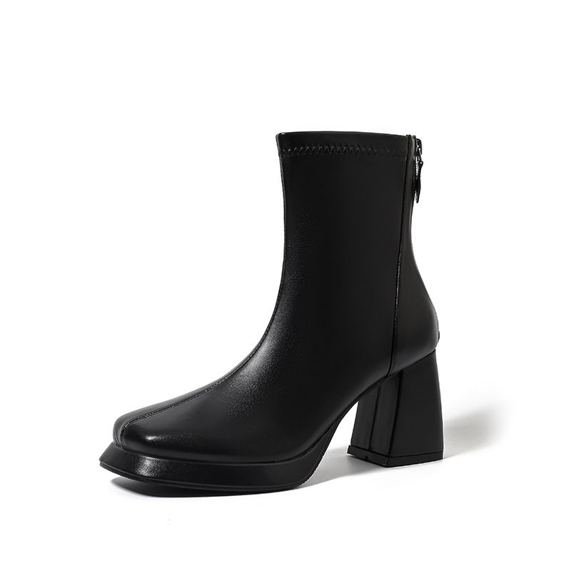 French Style Short Boots For Women, Chunky Heel, Waterproof Platform, Back Zipper, 2024 New Korean Version, Autumn And_vogvips.com