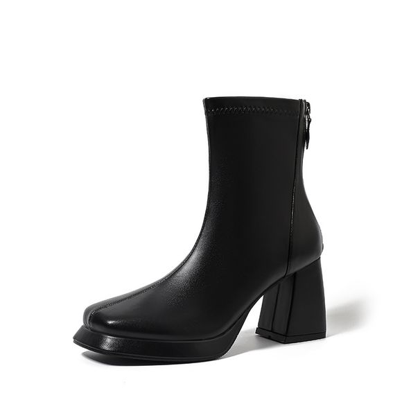 French Style Short Boots For Women, Chunky Heel, Waterproof Platform, Back Zipper, 2024 New Korean Version, Autumn And_vogvips.com