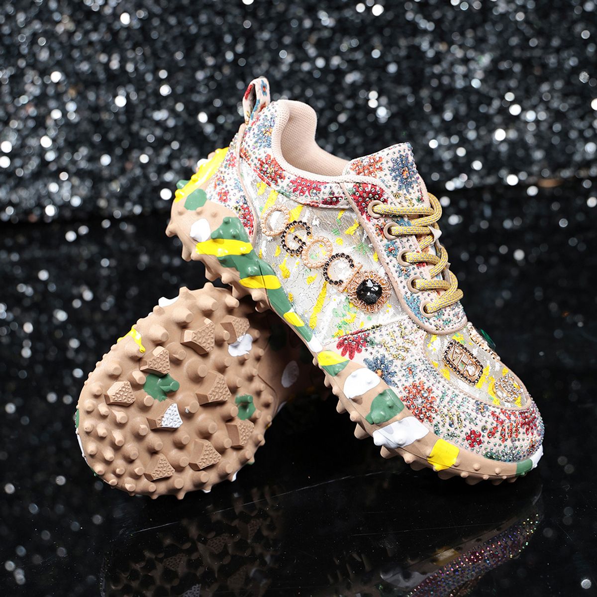 Women's European Style Low Top Shoes with Rhinestone Durian Sole Non Slip Sports Casual Single Shoes 2026 New Dad Shoes_vogvips.com