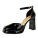 Square Head Hollow One-word Buckle High-heeled Sandals Women's Waterproof Table Thick Heel Patent Leather Glossy Women's Shoes_vogvips.com