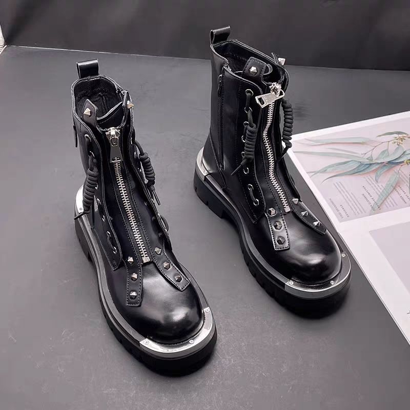 Martin Boots, Men's Platform Winter Fleece, British Style Mid-top Sleeve Fashion Boots, Inner Heightened Soft Leather Chelsea Boots_vogvips.com