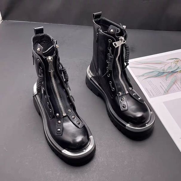 Martin Boots, Men's Platform Winter Fleece, British Style Mid-top Sleeve Fashion Boots, Inner Heightened Soft Leather Chelsea Boots_vogvips.com