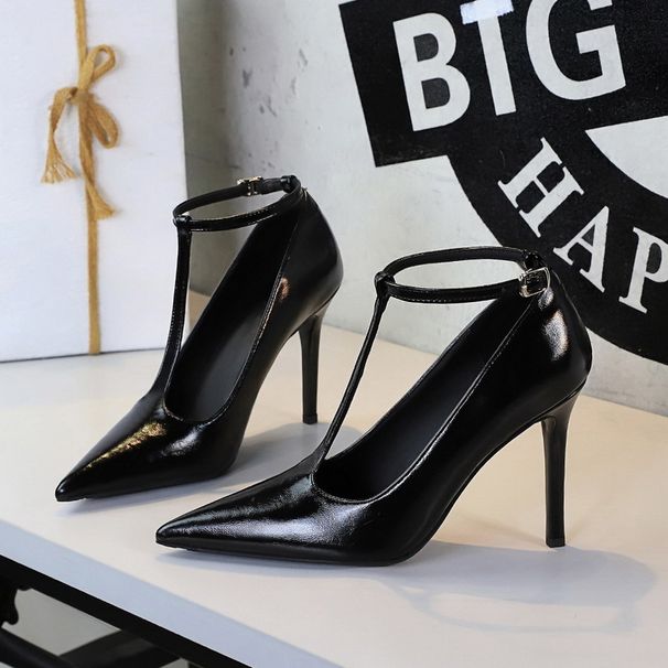Pana Pattern Pointed High Heels Women's Thin Heels T-shaped Buckle Shallow Mouth Women's Shoes_vogvips.com