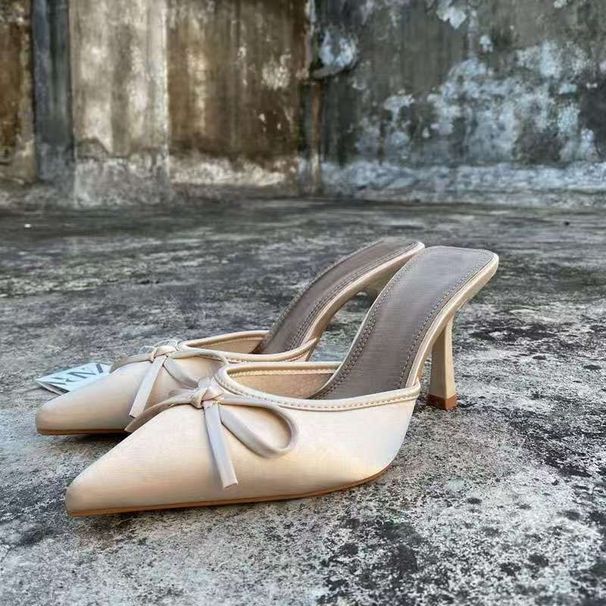 Women's Elegant Satin Pointed Toe Mule Shoes – High Heel Slip-On With Bow Detail For Fall With Closed Toe And Low Cut Design._vogvips.com