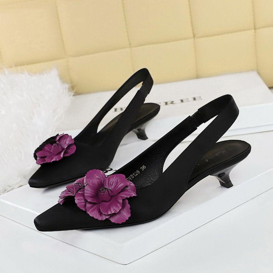 Pointed Middle Heel Single Shoes Women's Satin Back Empty Rear Strap Women's Shoes Are Not Tired_vogvips.com