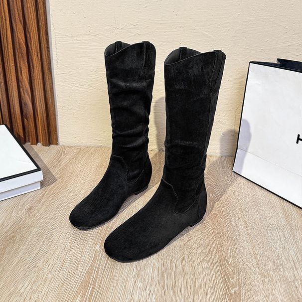 2025 Autumn New Women's Long Round Toe Pleated Slouch With Hidden Wedge Soft Sole Suede Over-the-Knee High Boots_vogvips.com