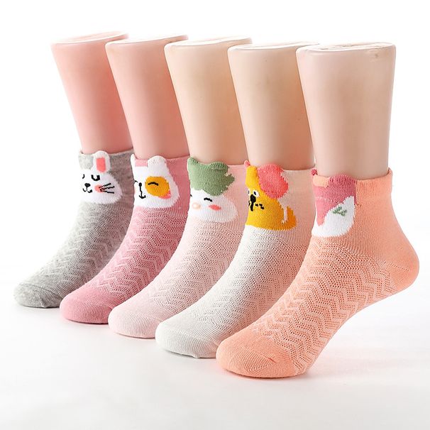 5 Pairs Girls' Cute Cartoon Animal - Lightweight Breathable Short Ankle Socks With Cat, Fox, Lion, Rabbit & Bear Designs_vogvips.com