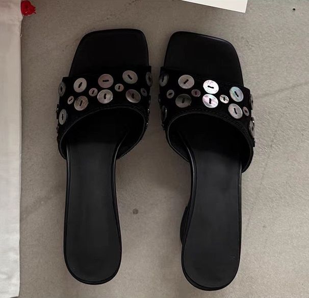 NEW Retro Black Sequined Slip-on High-heeled Sandals With Exposed Toes And Floating Heels, Suitable For Women To Wear As Outerwear._vogvips.com
