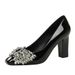 Women's Shoes Chunky Heel High Heels, Versatile Rhinestone Bow Dress/Wedding Dress Shoes, Patent Leather Elegant Square Toe Flats For Women_vogvips.com