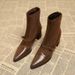 New Autumn And Winter Short Boots, French Retro Pointed Toe, Buckle Strap, Chunky Heel, Women's Mid-calf Suede Patchwork_vogvips.com
