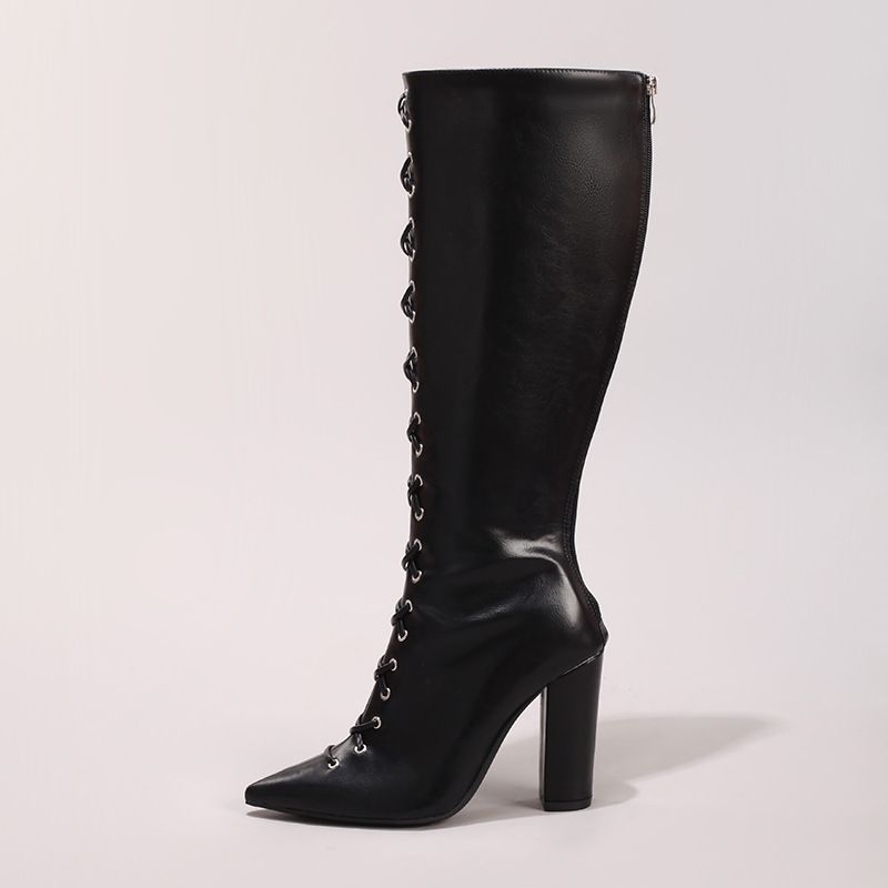 Women's Lace-Up Burgundy Knee-High Sexy Pointed Toe Back Zipper Chunky Heel Long Boots European And American Style_vogvips.com