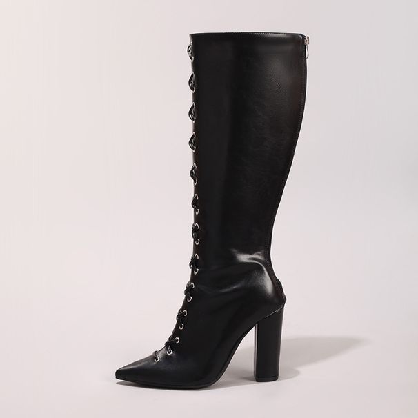 Women's Lace-Up Burgundy Knee-High Sexy Pointed Toe Back Zipper Chunky Heel Long Boots European And American Style_vogvips.com
